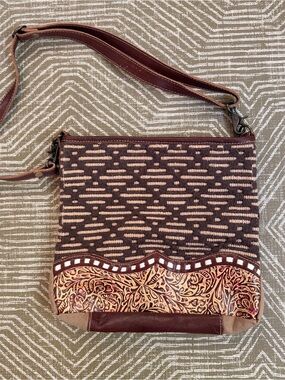 Myna Bags Boho Crossbody Bag Woven Tapestry Leather Trim Artisan Purse